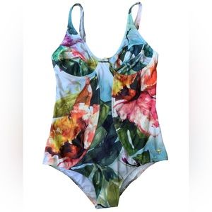 NWT AGUA DE COCO Floral Multicolor One Piece Swimsuit White